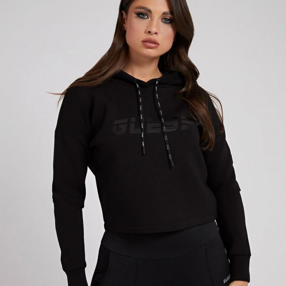 Guess Cropped Hoodie Sweatshirt Women's Size M Black Eco Allie Graphic Scuba